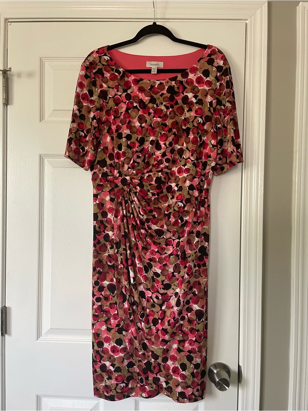 Pink Multi-Dot Ruched Midi Dress with Short Sleeves
